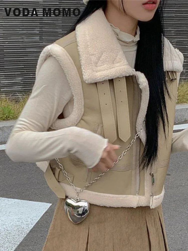 

Thickening Warm Sleeveless Waistcoat Jacket Vest Fashion Lamb Fur Stitching Vest Coat Women's Winter Korean Stand Collar Loose