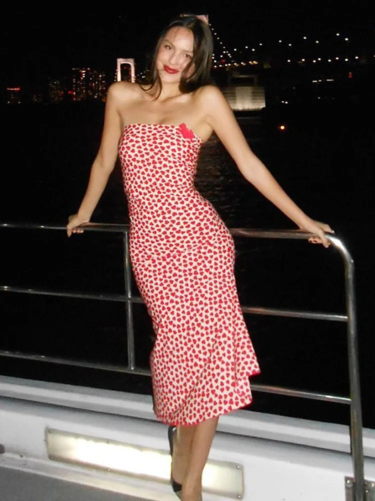 CNYISHE Strapless Heart Prints Women Dresses Sheath Trendy Sexy Club Party Outfits Split Bodycon Vestidos Female Chic Casual