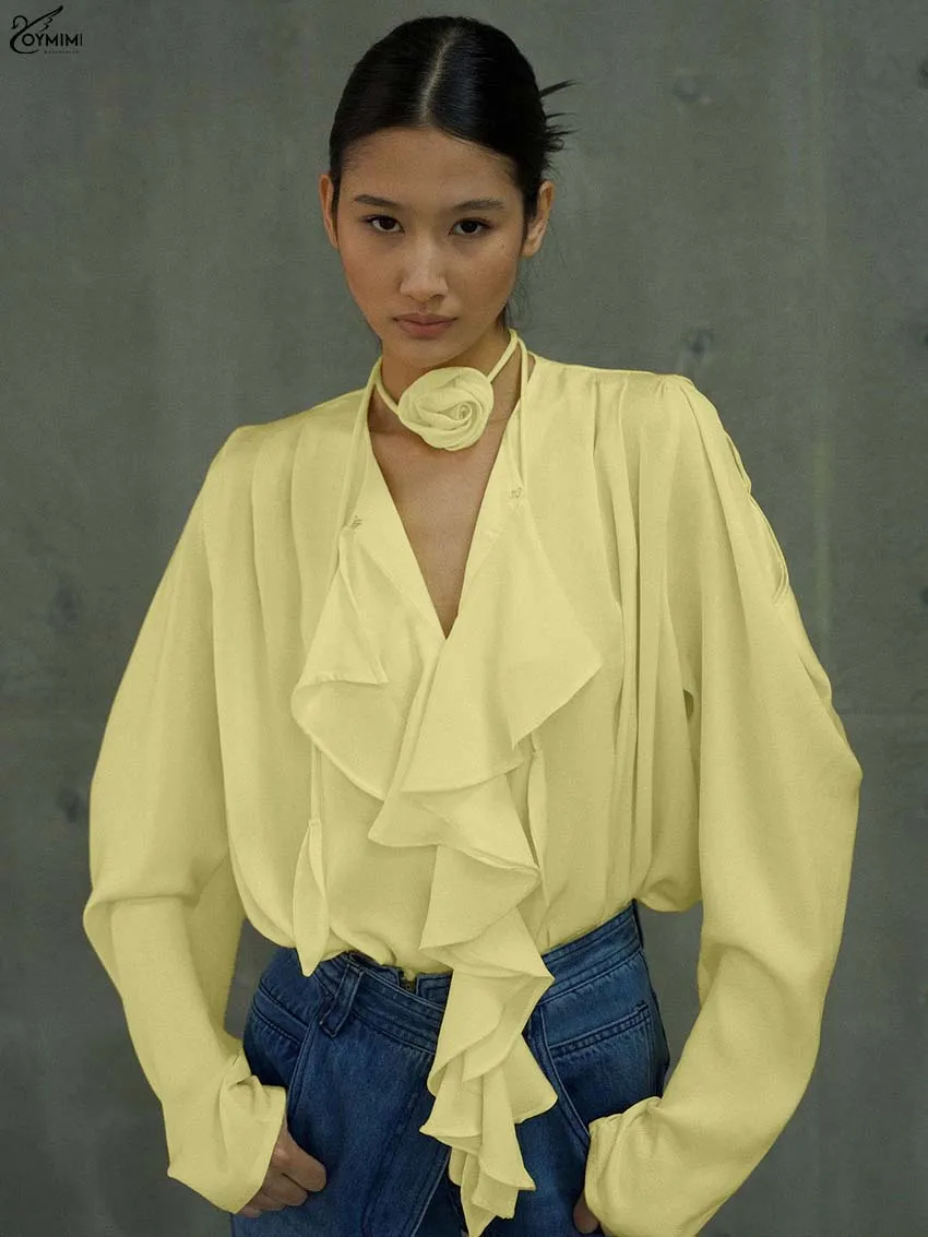 

Oymimi Fashion Yellow Satin Women's Shirt Elegant Long Sleeve Bow Lace-Up Shirts Casual Ruffled Loose Blouses Female Clothing