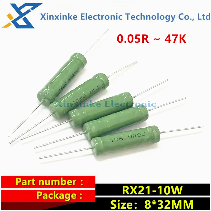 10PCS RX21 10W 0.05R ~ 47K Frequency Division Resistance Winding 2R 5R 10R 30R 50R 82R 100R 390R 470 Ohms 1K 10K 20K 33K 47K