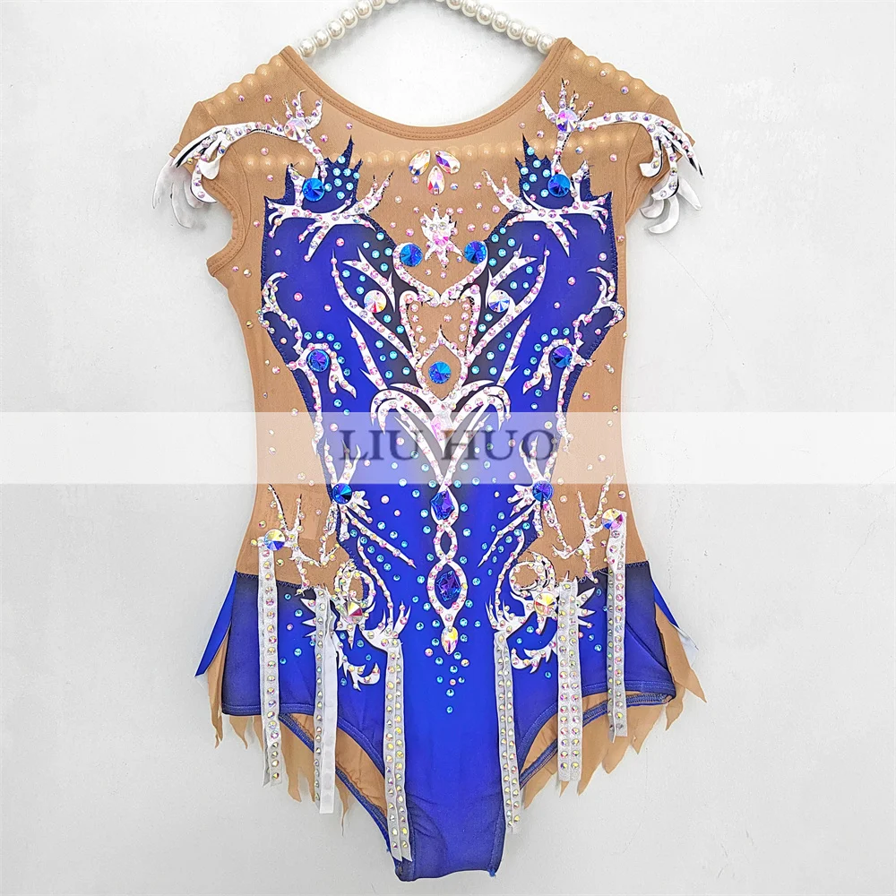 LIUHUO Rhythmic Gymnastics Leotard Aerobics Adult Women Girl Costume Performance Competition Dance Dress Blue Sleeveless Teens