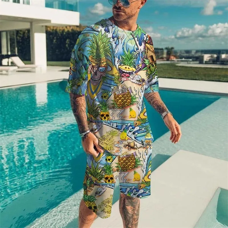 2025 Summer Beach T-shirt Shorts 2-piece Set Retro Casual Top Street Set 3D Printed Graffiti Style Hawaiian Men's Set