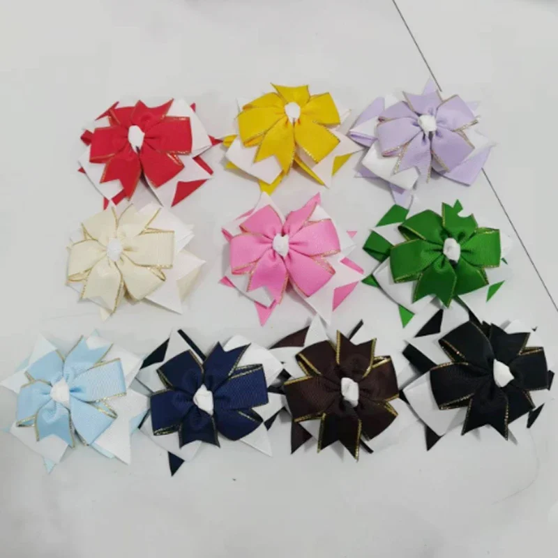 NEW 10PACKS Three-layer bows in gold edge School  First Day  Ribbon bow Hair clip hairpin For Baby Girl Accessories