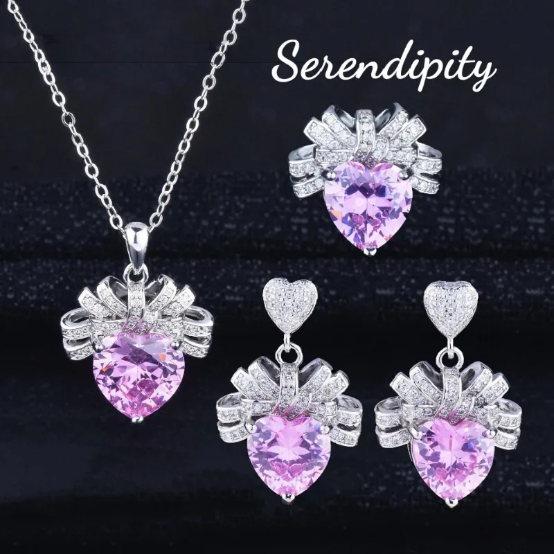 

Light Luxury Love Pink Diamond Necklace Bow Heart Pendant Pink Zirconium Earrings Open Peach Heart Ring Pink Heart Set W