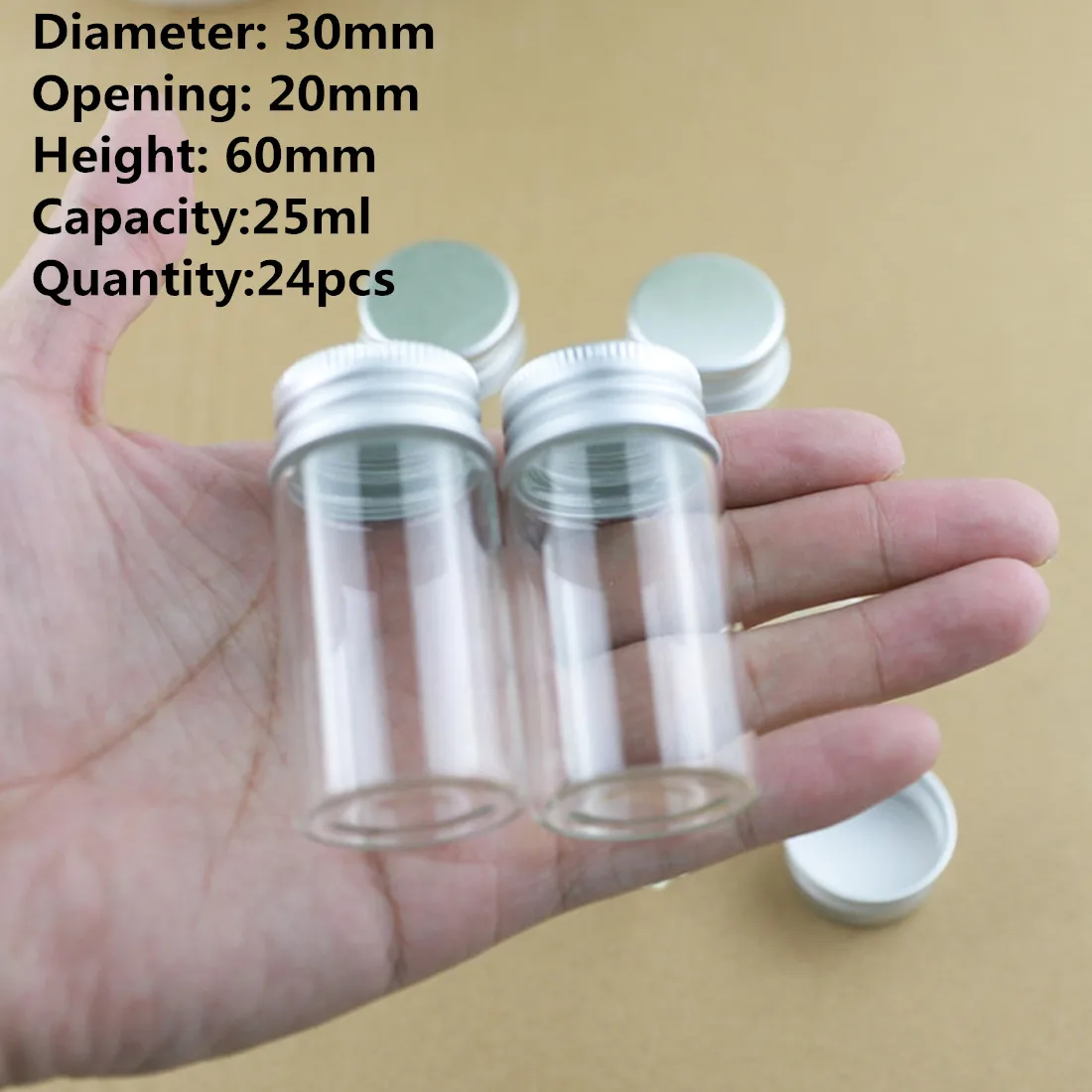 

24 PCS/lot 30*60mm 25ml Cute Small Glass Bottles Aluminum Caps Glass Tiny Jars Vials Glass Containers Decorative Bottles