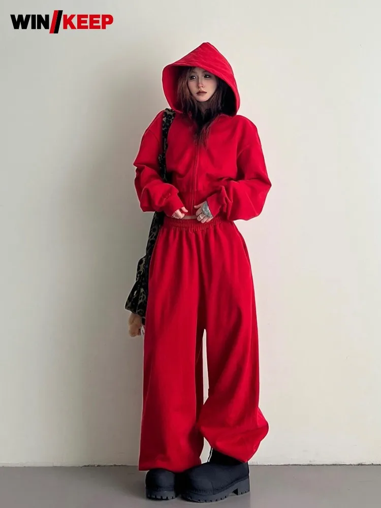 Women Tracksuit Solid Color Hooded Short Jacket Elasitc High Waist Loose Fit Sweatpants Hip Hop Female Streetwear Two Piece Set