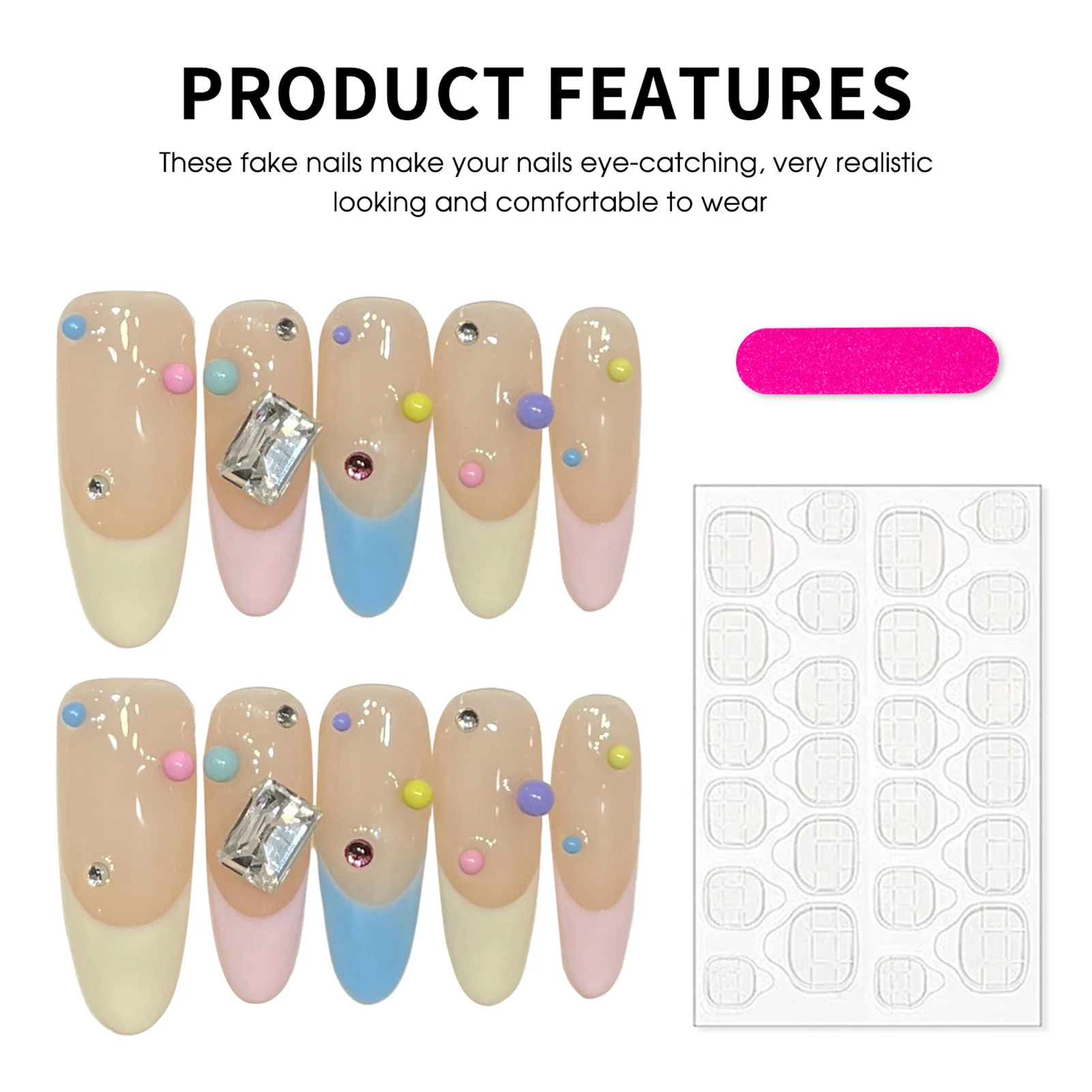 10 szt. Długie migdałowe sztuczne paznokcie francuskie z tęczowym brokatem, błyszczące cukierkowe kolory, francuskie tipsy dla kobiet, manicure artystyczny.