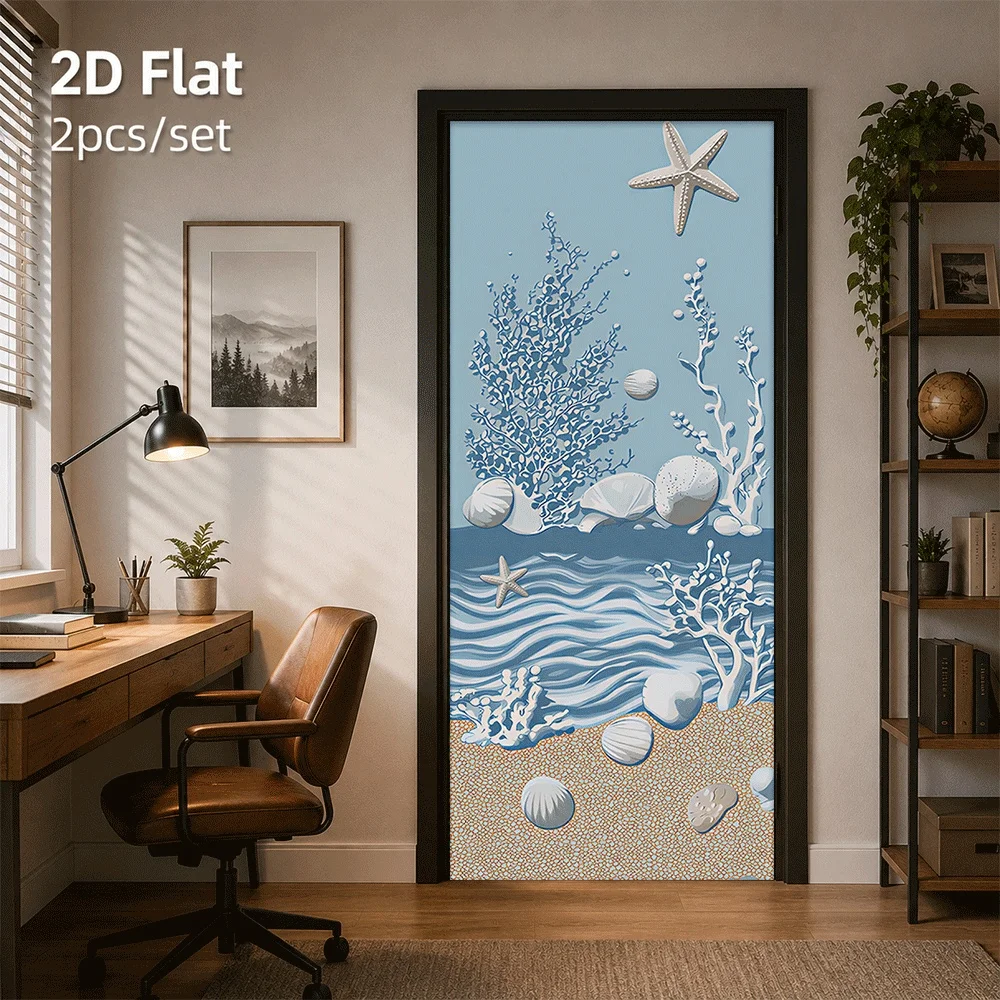 1 piece of underwater world door sticker waterproof self-adhesive decorative sticker marine life shell coral starfish pattern 2D