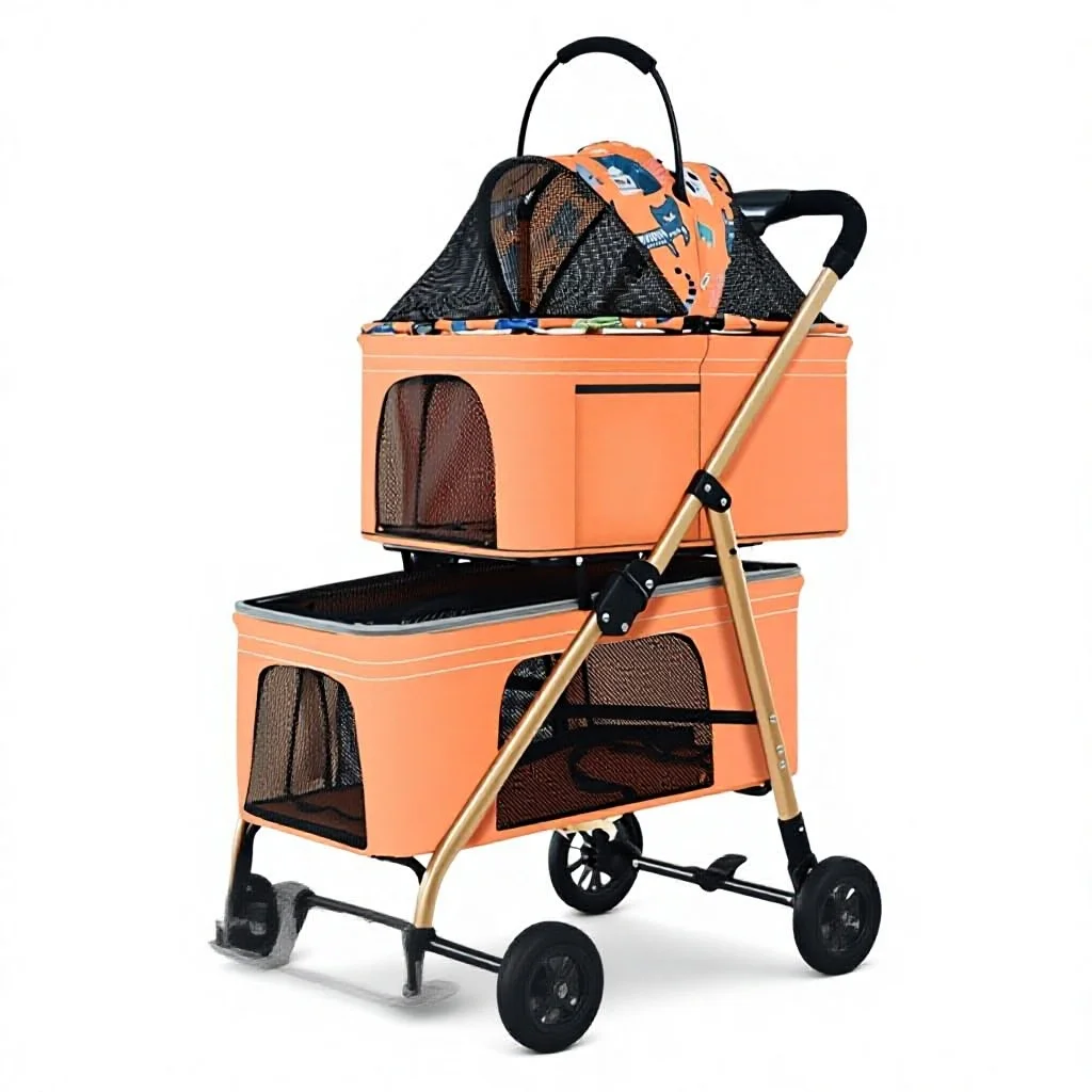 Metal Lightweight Foldable Pet Stroller for Small Dogs and Cats Detachable Double-Layer Outdoor Travel Cross-Border Wholesale