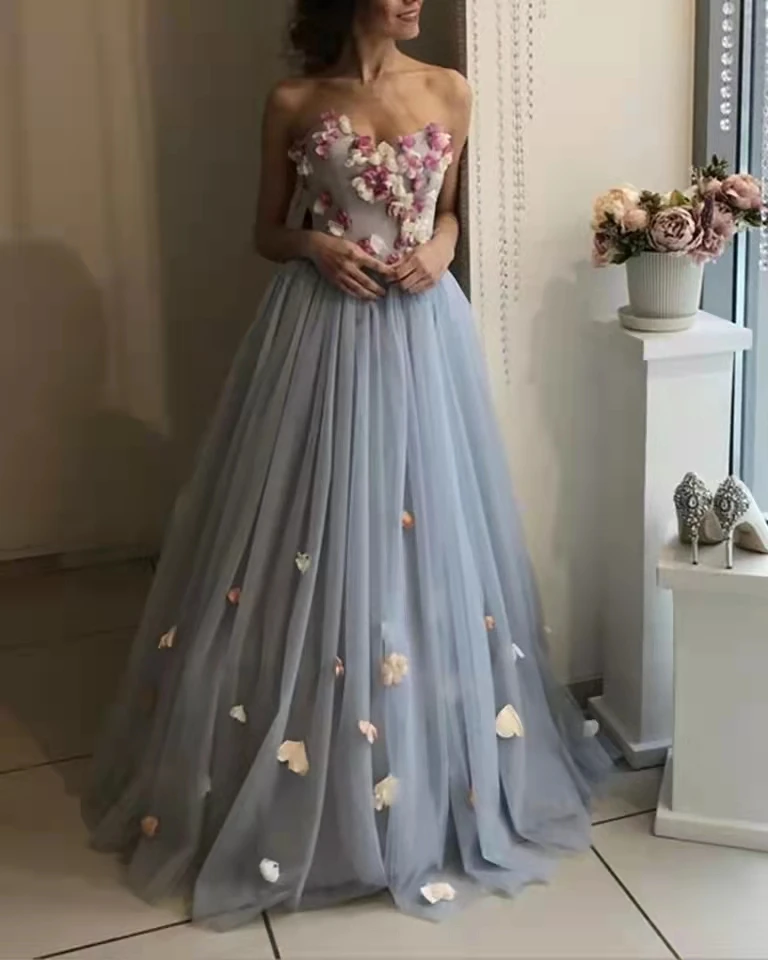 Elegant Light Dusty Blue 3D Flower Long Evening Dresses Floral Evening Gowns Plus Size Lace Up Customized Prom Dresses