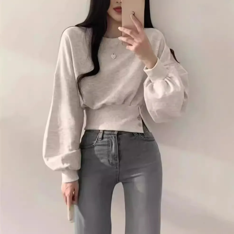 Chic Autumn Niche Design Round Neck Button Waist Slimming Long Sleeve Short Pullover Sweatshirt For Women