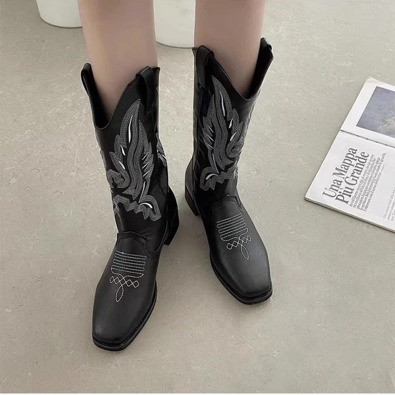 Luxury Brand Women Boots Embroidered Western Boots Leather Mid Calf Cowboy Boots Winter Chunky Heel Boots  Female  Autumn  Shoes