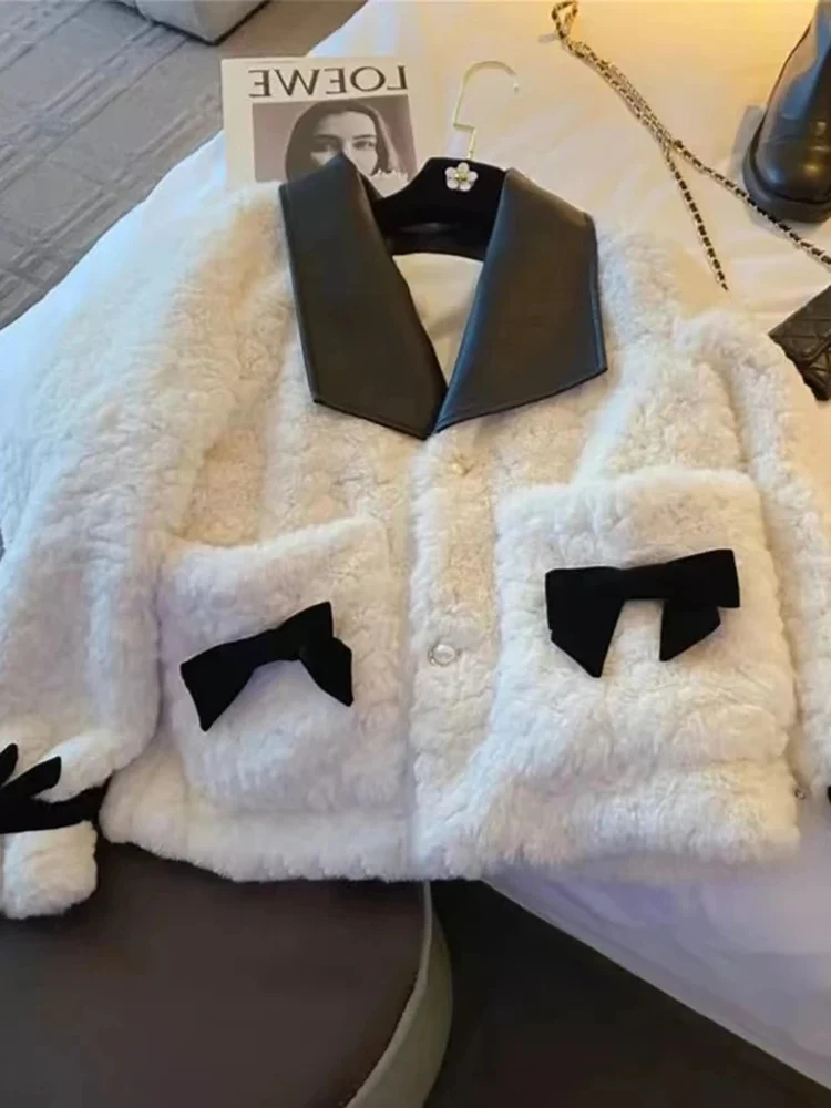 Elegant Korean Women Sweet Bow Faux Lamb Jackets Coat Fashion Long Sleeve Winter Warm Jacket Slim Patchwork Pockets Outwear