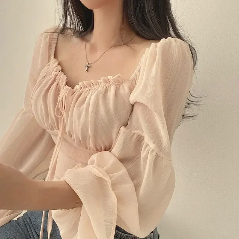 

Dongdaemun High-end Feelniche Women's Blouse Wood-ear Collar Square Neck Waist-fitted Flare Sleeve Chiffon Cropped Shirt
