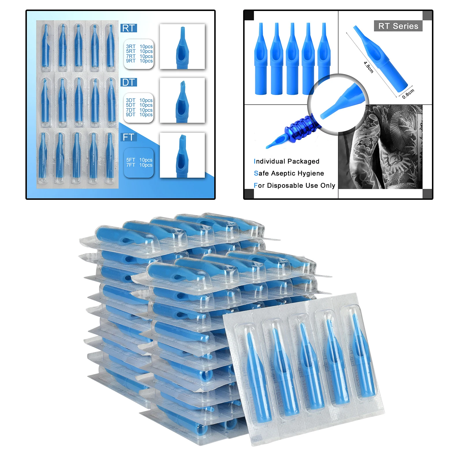 100X Disposable Tips, Assorted for 3RL 5RL 9RL 5RS 9RS 5M1 7M1 Needles Round Flat Sterileze