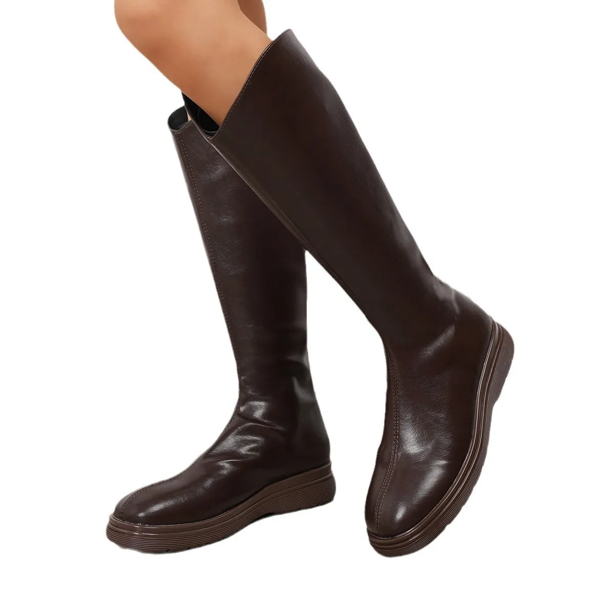 

Сапоги до бедра на плоской подошве. Женские длинные сапоги-трубочки. Осень-зима. Трансграничная искусственная кожа. Удобная резиновая обувь на хлопковой подкладке.