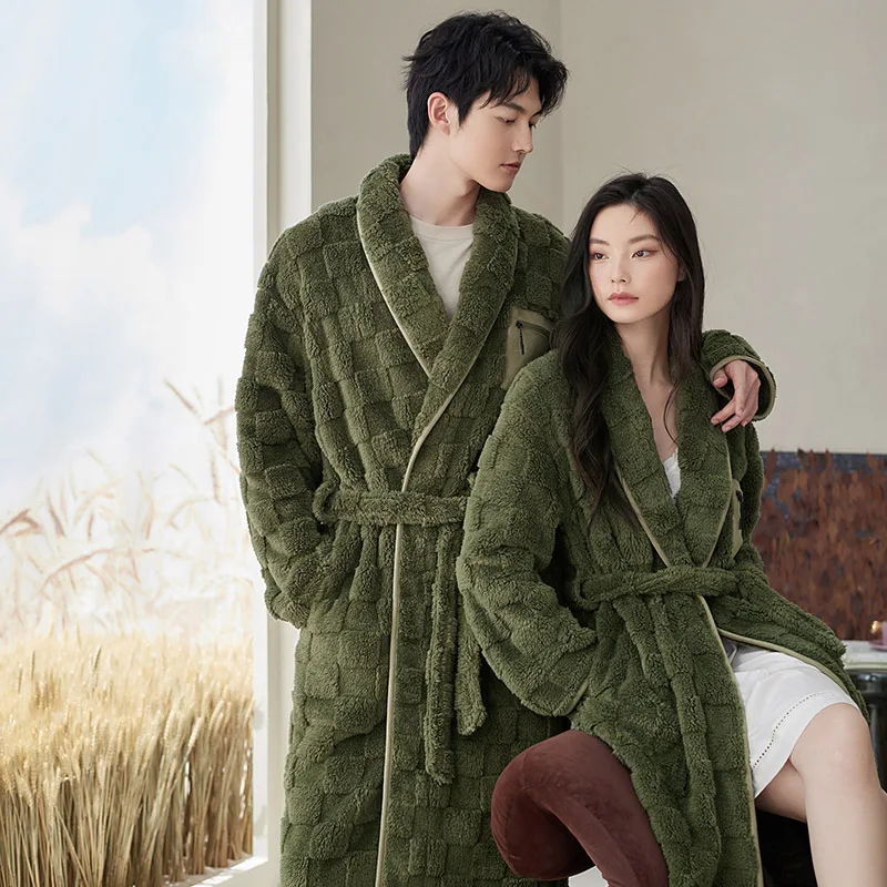 Winter Flannel Couple Long Sleepwear Robes Thick Terry Robe Female Long Sleeve Kimono Warm Bathrobe Home Wear Peignoir Men Robe