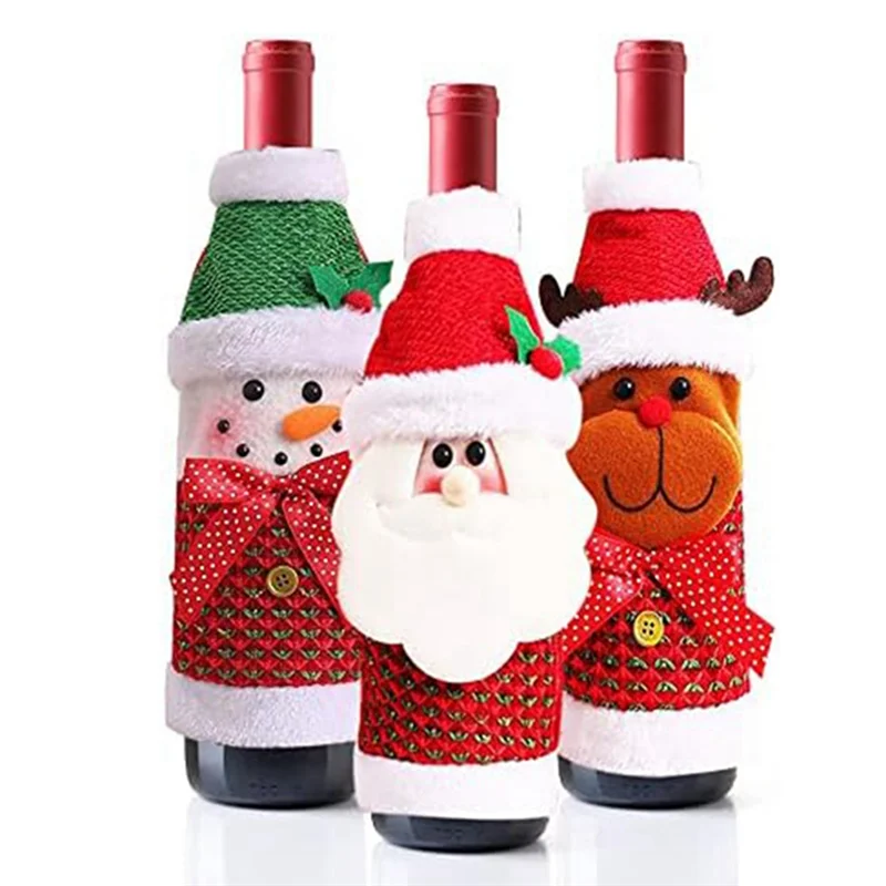 AA80-3Pack سترة غطاء زجاجة النبيذ أكياس عدة غطاء زجاجة النبيذ لطيف سانتا الرنة ثلج