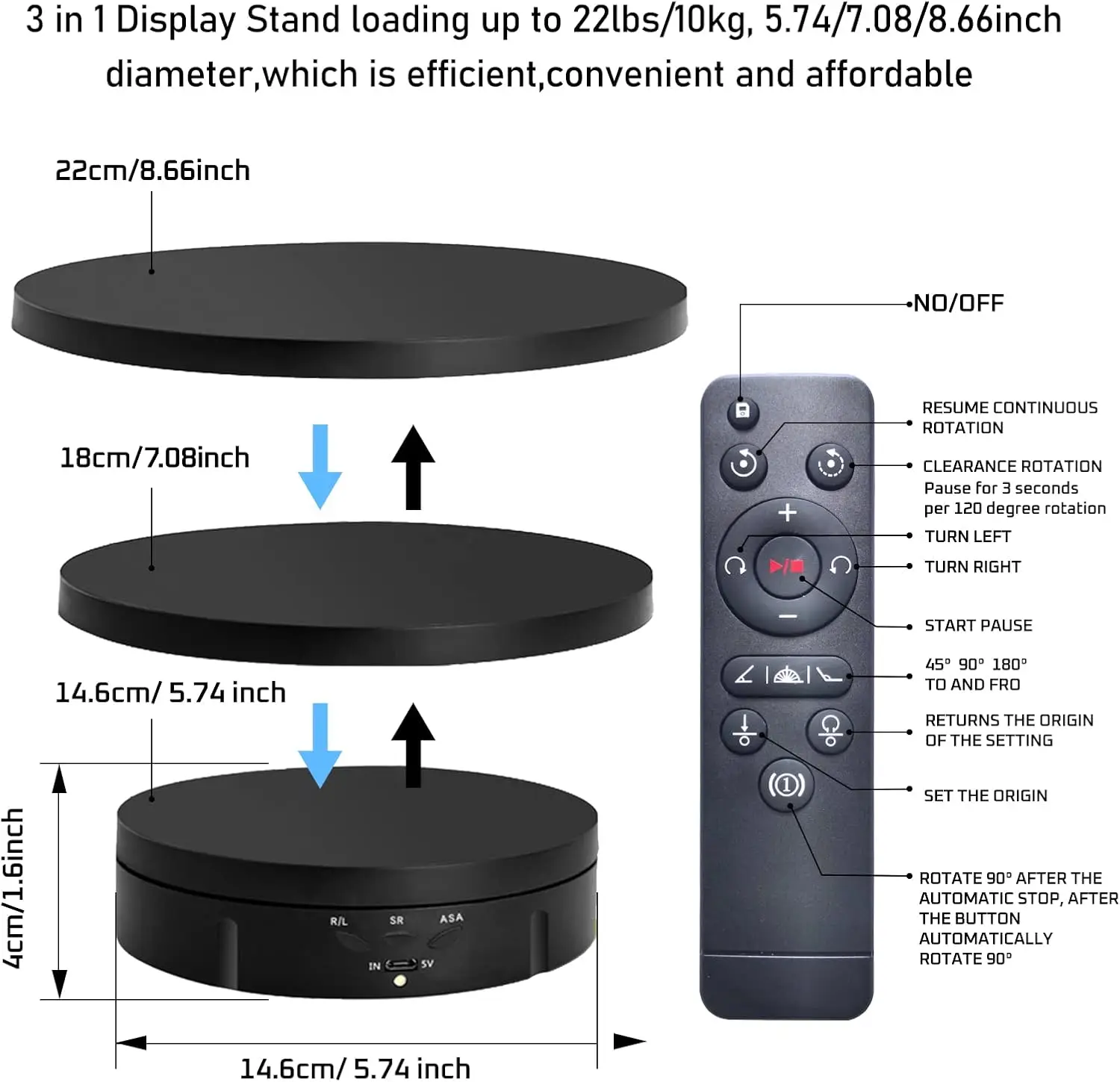 3in1Motorized Rotating Display Stand with5.74/7.08/8.66inch Replacement Cover.Max22lbsLoad.360 Electronic Turntable.no batteries