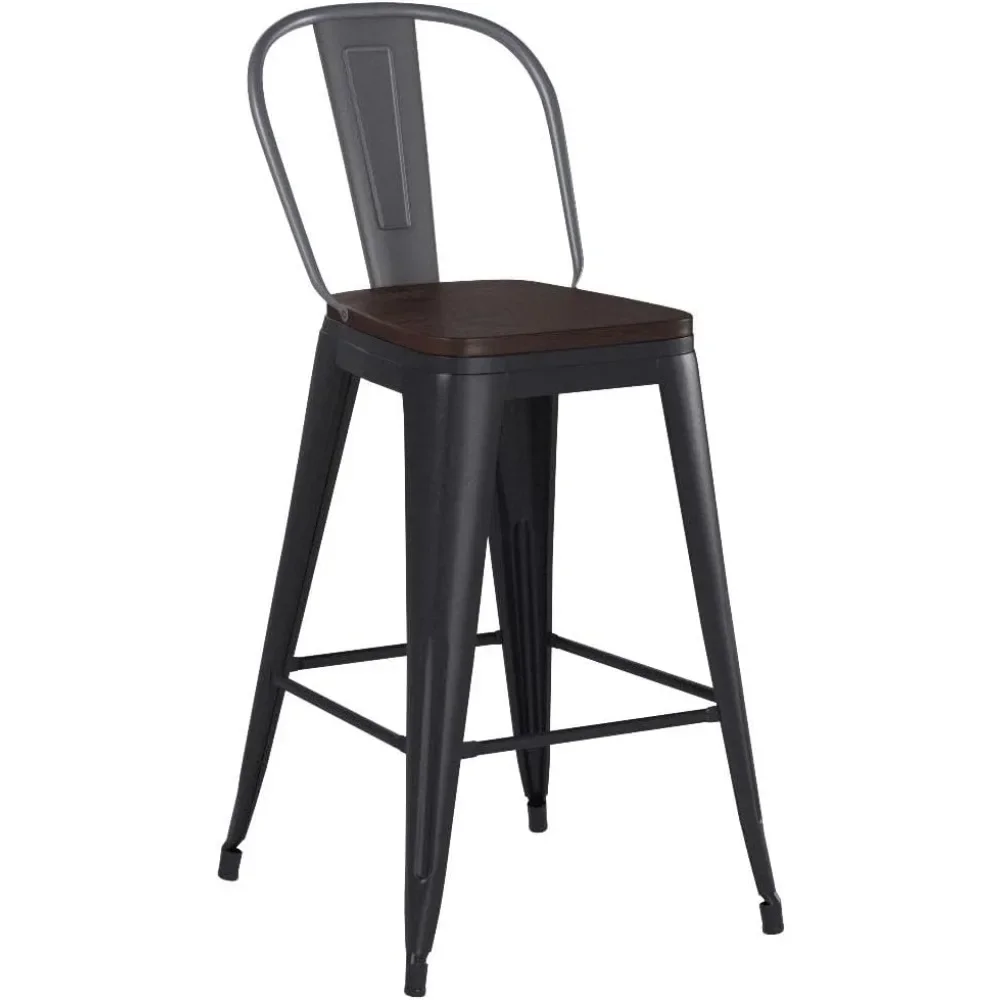 Set of 4 Farmhouse Bar Stools with High Back, 26-Inch Matte Black Metal Stools for Comfortable Kitchen Seating.