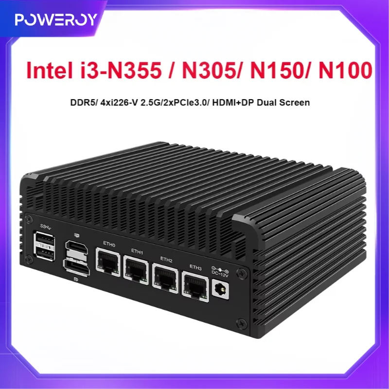 Przemysłowy Mini komputer Intel bez wentylatora 12th Gen N355 N150 DDR5 4x2.5G Firewall 4K podwójny wyświetlacz Proxmox/ESXi cichy serwer HomeLab