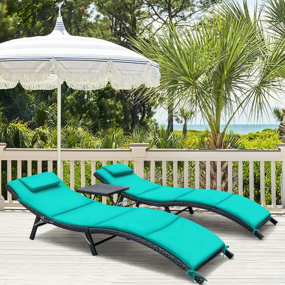 

3 Pieces Outdoor Patio Chaise Set with Folding Table and Cushion for Beach and Pool, PE Rattan Sun Lounger Chair Set