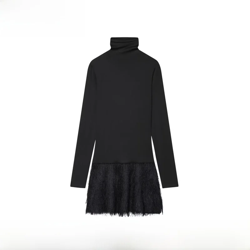 

Sexy Fringe Splicing Slimming Dr ZA Autumn Winter New Arrival Women's Faionable Cross-Border Long Sve H-Sle Dr