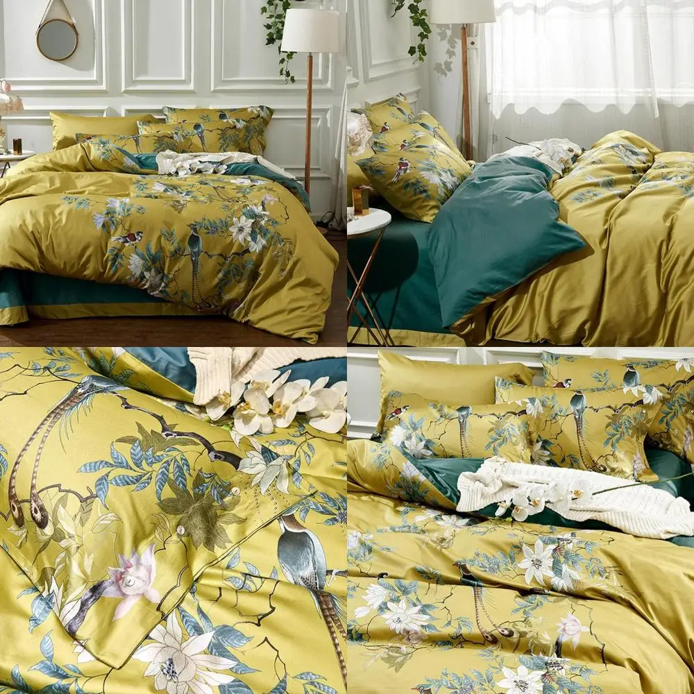

King Size Floral Bird Pattern Comforter Cover Set with Zipper Closure, Soft Long Staple Cotton Bedding, Elegant Nature-Inspired