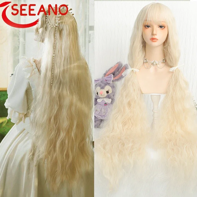 SEEANO 110cm Synthetic Long Curly Cosplay Wig With Bangs Blonde Red Brown Pink Lolita Wig Women Halloween Cosplay Wigs Female