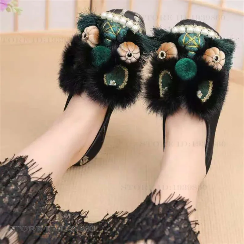 Fluffy Home Slippers New Chinese Style Tradition Female Slippers Tiger Head Shoes Personalized Gifts Spring Summer Outdoor Wear