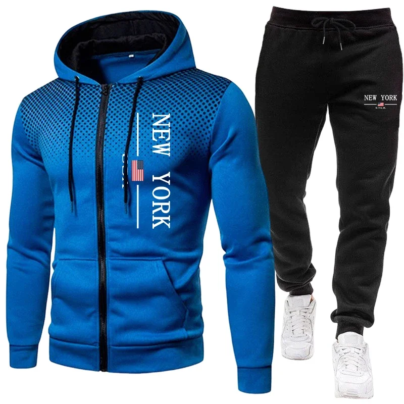 Men's Jacket Tracksuit Casual Zip Hooded Sweatshirts Dot Coat Outdoors Sports Clothing Autumn Winter Quality Single Tops Pants