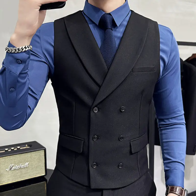 High Quality Double-Breasted Solid Mens Vest Coat Korean Style Business Slim Fit Male Waistcoat Groom Wedding Dress Suit Vests