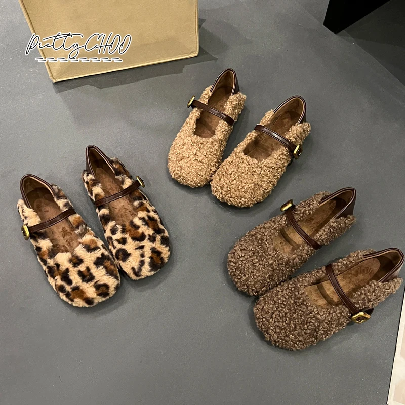 Moda leopardo pelliccia ballerine donna ricci Lambswool fibbia cinturino Mary Jane scarpe donna inverno caldo peluche mocassini poco profondi