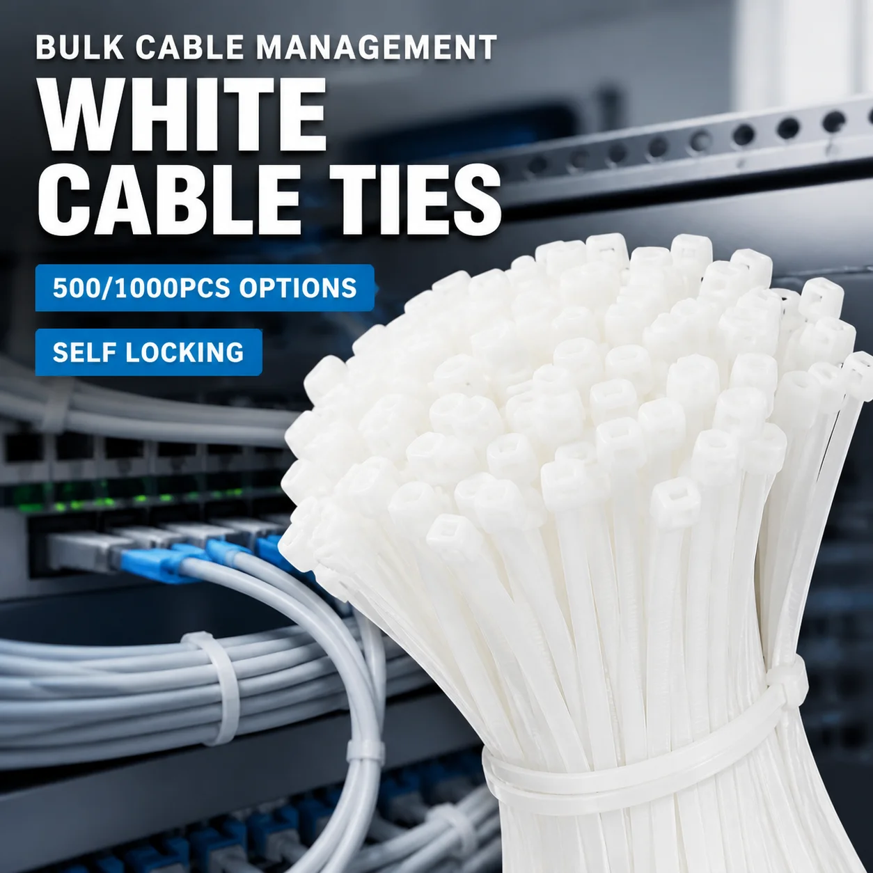 1000/500PCS White Self Locking Nylon Cable Ties Zip Ties Multiple Sizes Wire Organizer Plastic Fastening Straps Home Office DIY