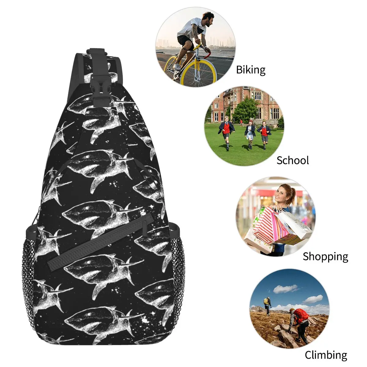 Tubarão Mão Desenhada Crossbody Sling Sacos Pequeno Peito Bag oceano mar Ombro Mochila Mochila para Caminhadas Esportes Ao Ar Livre Satchel