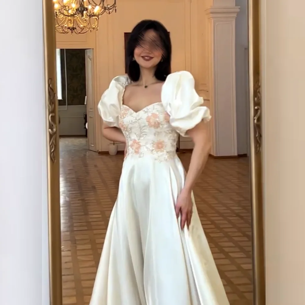 

Customized Charmeuse Applique Sequined Puff Sleeves A-line Long Dresses Bespoke Occasion Party Gown Gorgeous Elegant Formal