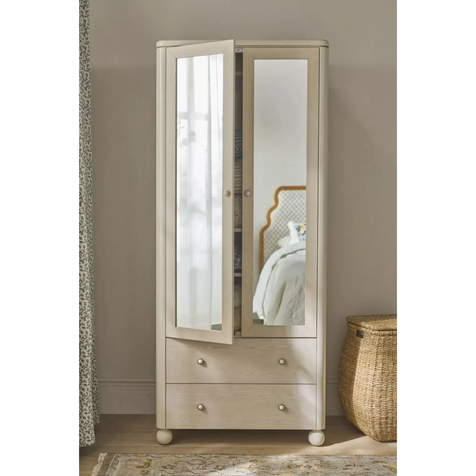 ^French Ash Double Door Freestanding Wardrobe Mirror Cabinet Clothes Rail Two Drawers Ivory Finish Large Apartment Home Furnitur