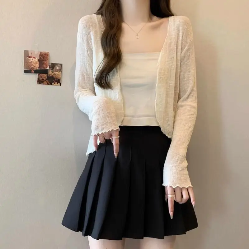 plus Size Ice Silk Long Sleeve Sun Protection Cardigan Women's Summer Outerwear Strap Thin Air Conditioning Coat Jacket