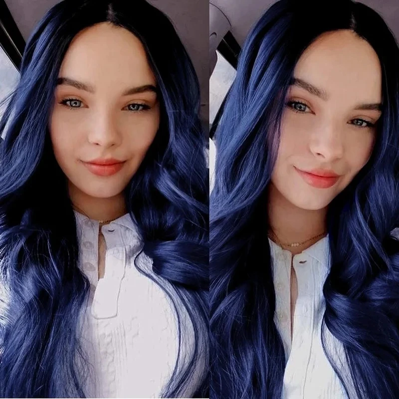Dark Blue Body Wave Synthetic Hair 13X4 Lace Frontal Wig For Women Glueless Fiber Hair Transparent Lace Wigs
