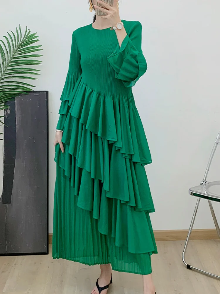 EGRM Ruffles Pleated Dress For Women O-Neck Long Sleeves Fungus Stitching Solid Color Festival Clothing 2024 Summer New 6ER0913