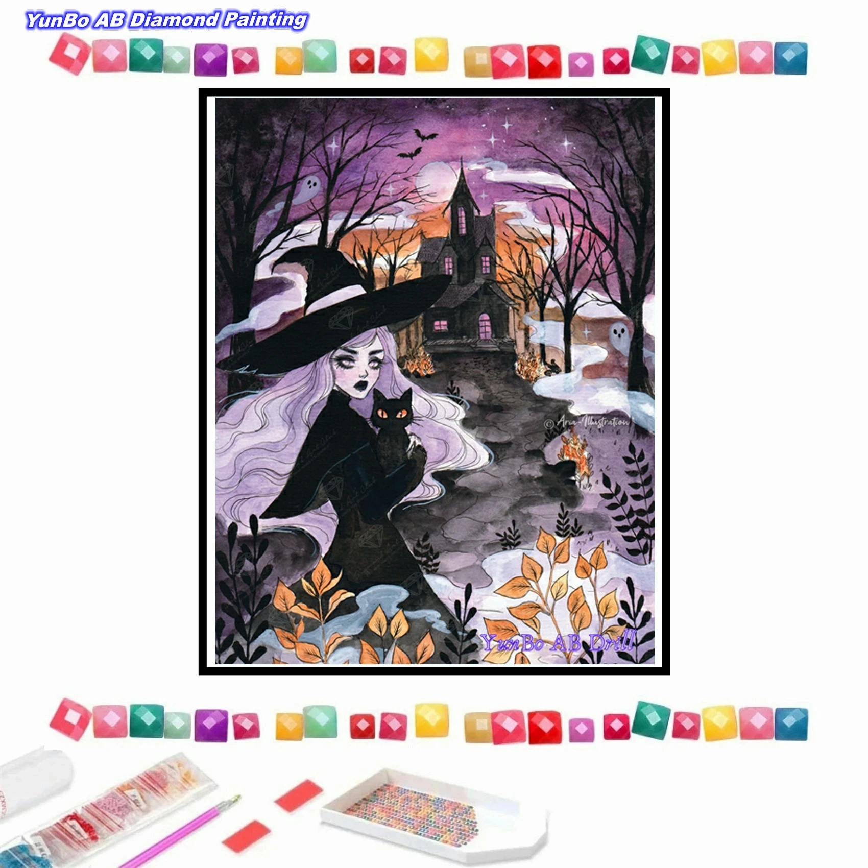 

AB Drill Haunted Witch Art DIY Diamond Painting Winter Forest Guardian Illustration Cross Stitch Rhinestone Home Decor Present