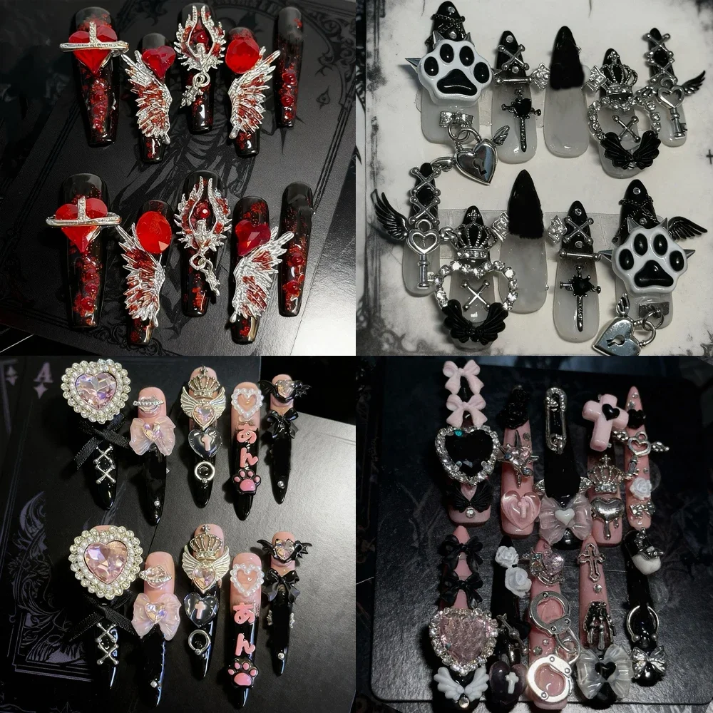 

Dark Gothic Handmade Long Coffin Stiletto Reusable Fake Nail Spice Girl Metal Wings Key Snake Diamond Bow Flowers Press On Nails