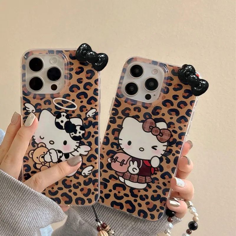 Sanrio Hello Kitty Bow Leopard Print Angel Phone Case For iPhone 16 15 14 12 13 11 Pro Max XR XS MAX 7 8 PLUS MINI Y2K Bow Cover