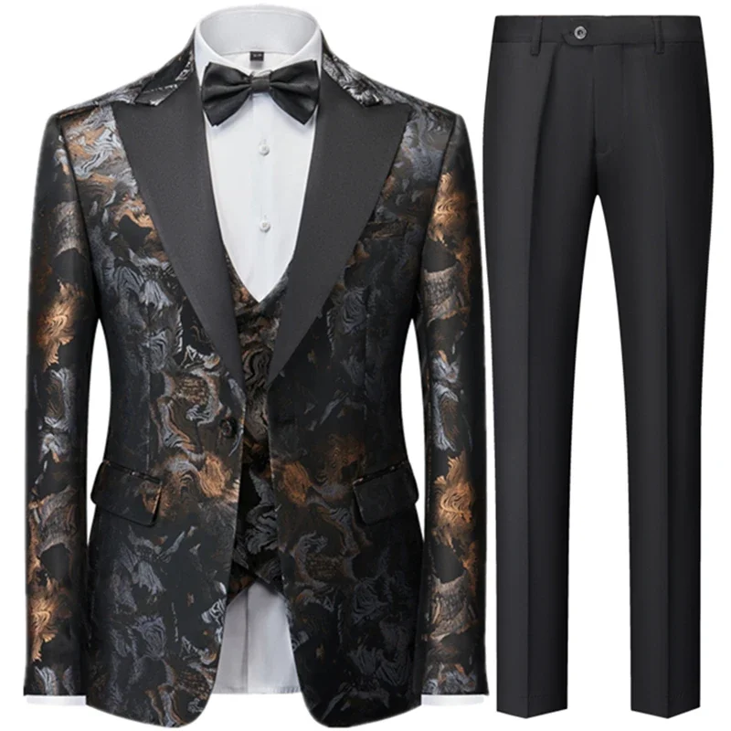 Suit Coat Vest Pants / 2023 Fashion New Men\'s Casual Business Flower Slim Fit Dress Blazers Jacket Trousers Waistcoat 3 Pcs Set