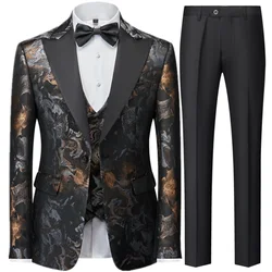 Suit Coat Vest Pants / 2023 Fashion New Men's Casual Business Flower Slim Fit Dress Blazers Jacket Trousers Waistcoat 3 Pcs Set