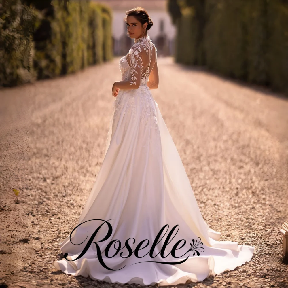 ROSELLE Lace Illusion High Neck Sweetheart A-Line Wedding Dress Tulle Long Sleeve High Slit Bridal Customized свадебное платье