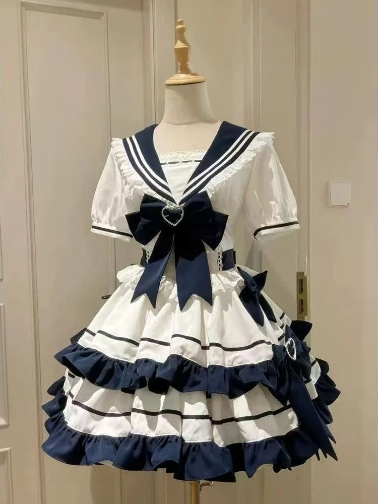 

Sweet Cute Girl Navy Collar Short Sleeve Set Japanese Kawaii Lolita Style Lace Bow Dress Sets Sailor Collar Princess Party Dress