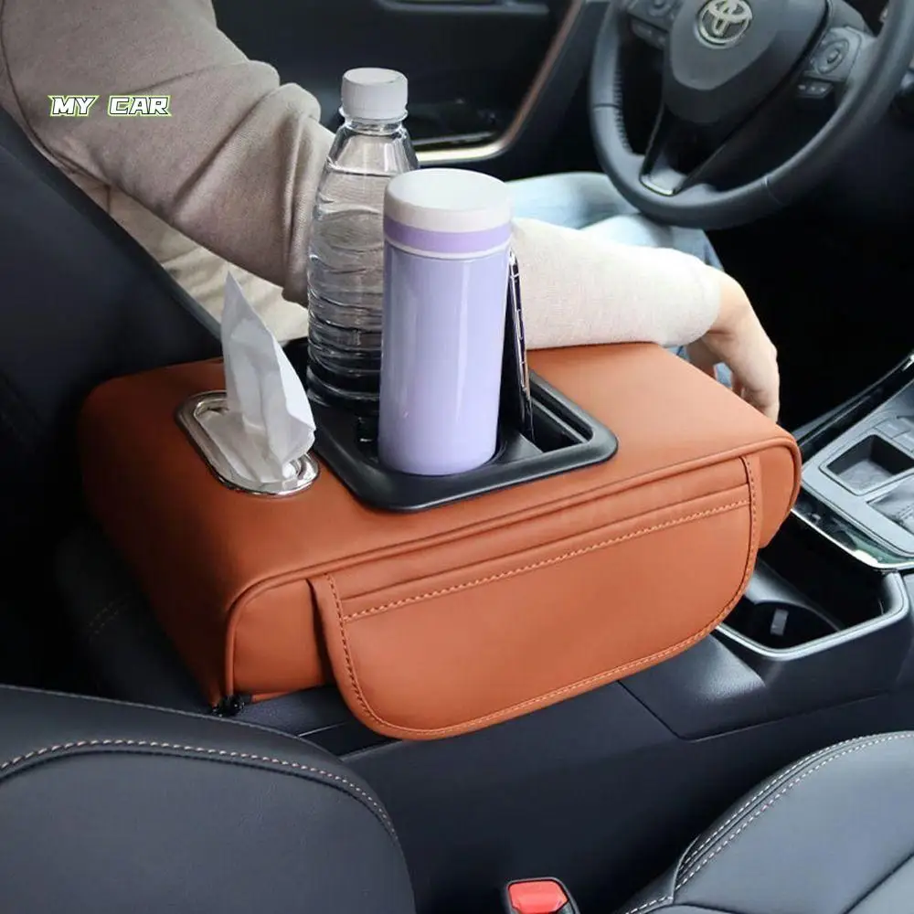

Elbow Support Car Arm Rest Cushion with Cup Holder Side Storage Pockets Car Center Console Mat Tissue Box Phone Slot