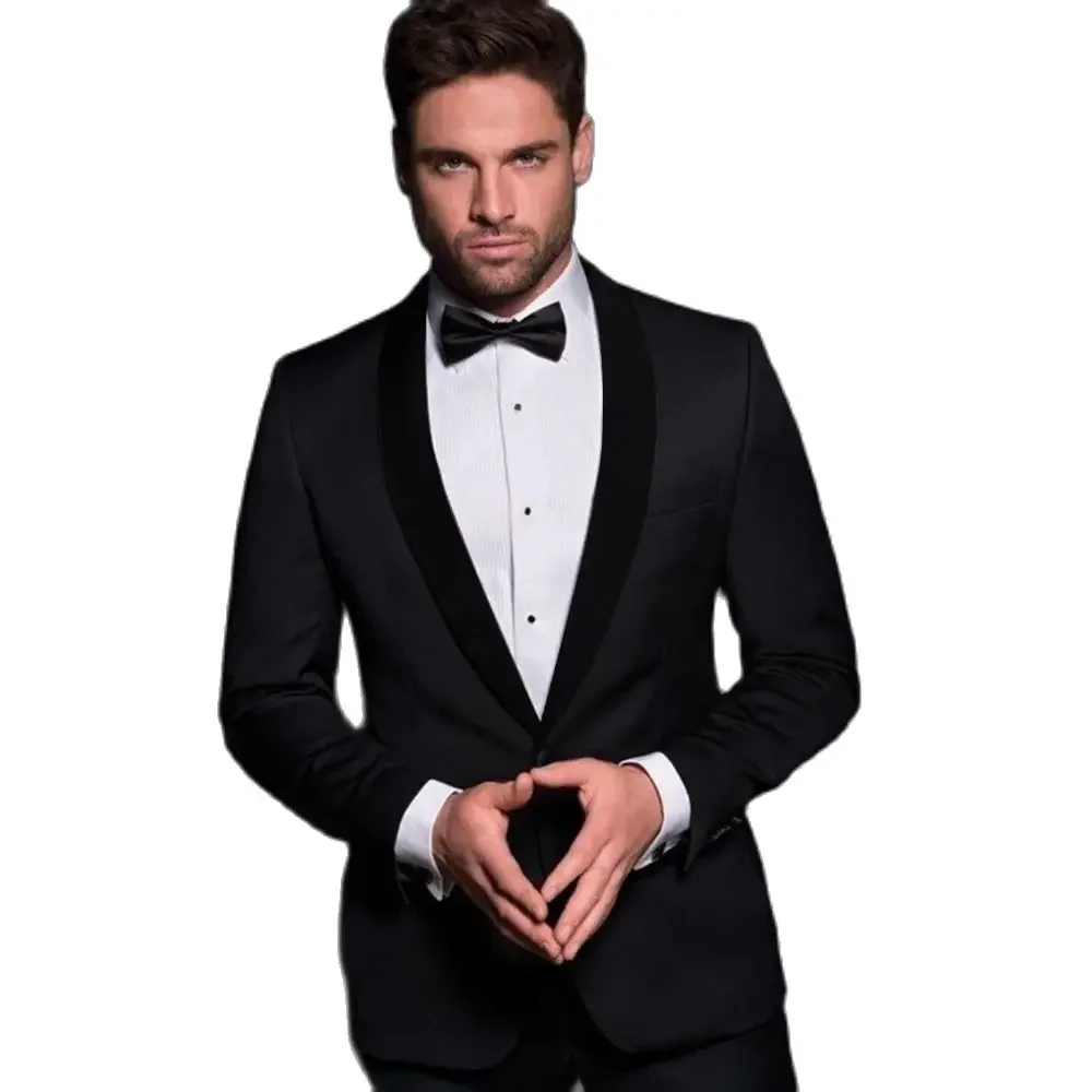 Black Velvet Shawl Lapel Men Suits 2 Pieces Fashion Handsome Gentleman Wedding Set Elegant Party Prom Male Slim Clothing