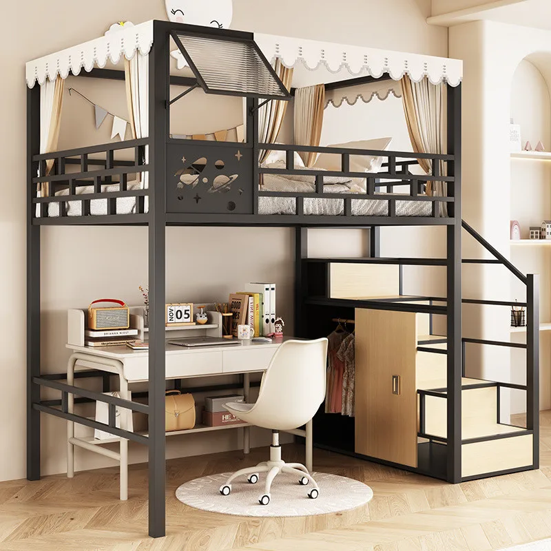 Wrought iron elevated duplex single upper floor small apartment under table loft children's loft bed under empty bed